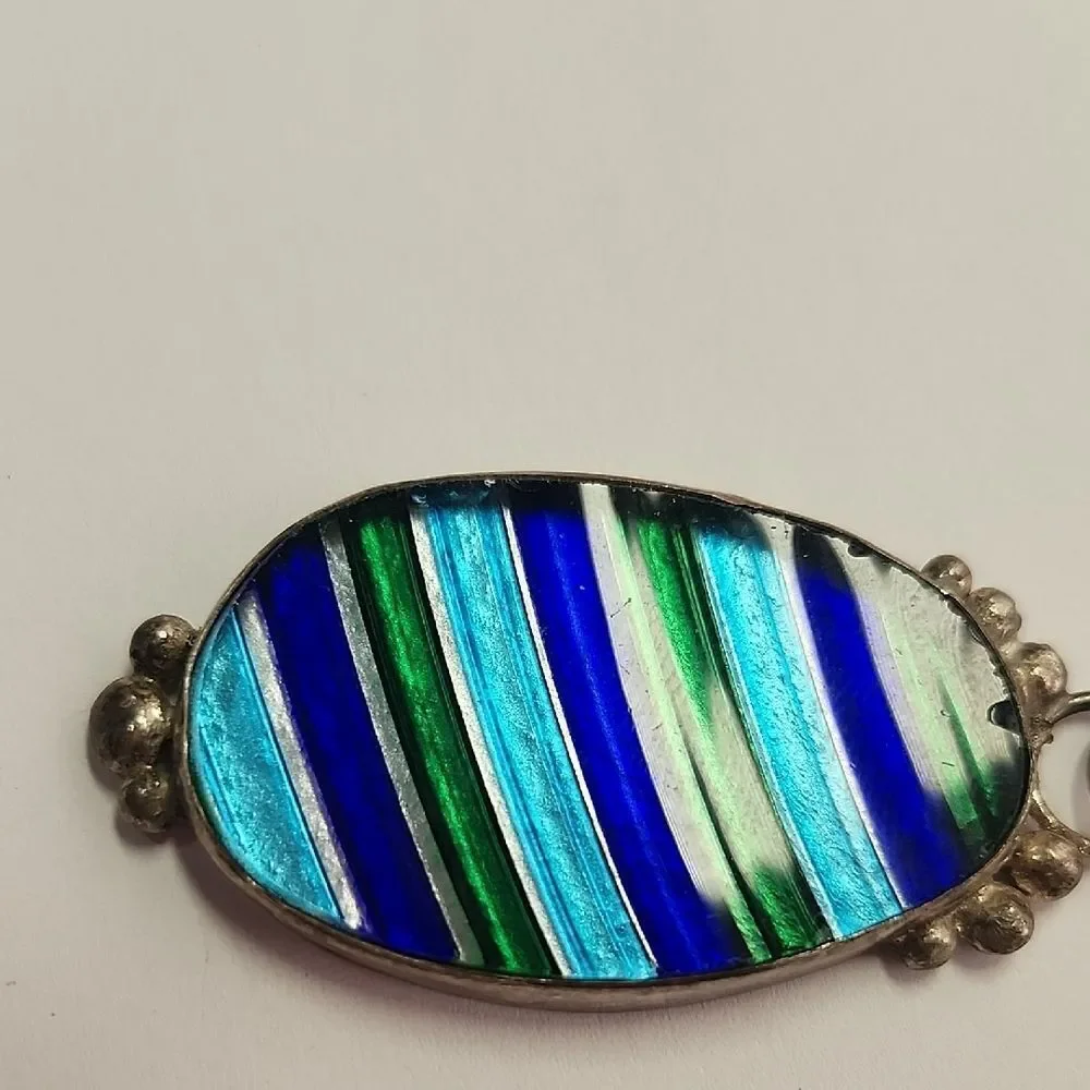 Blue Green Striped Glass Sterling Silver Pendant  925